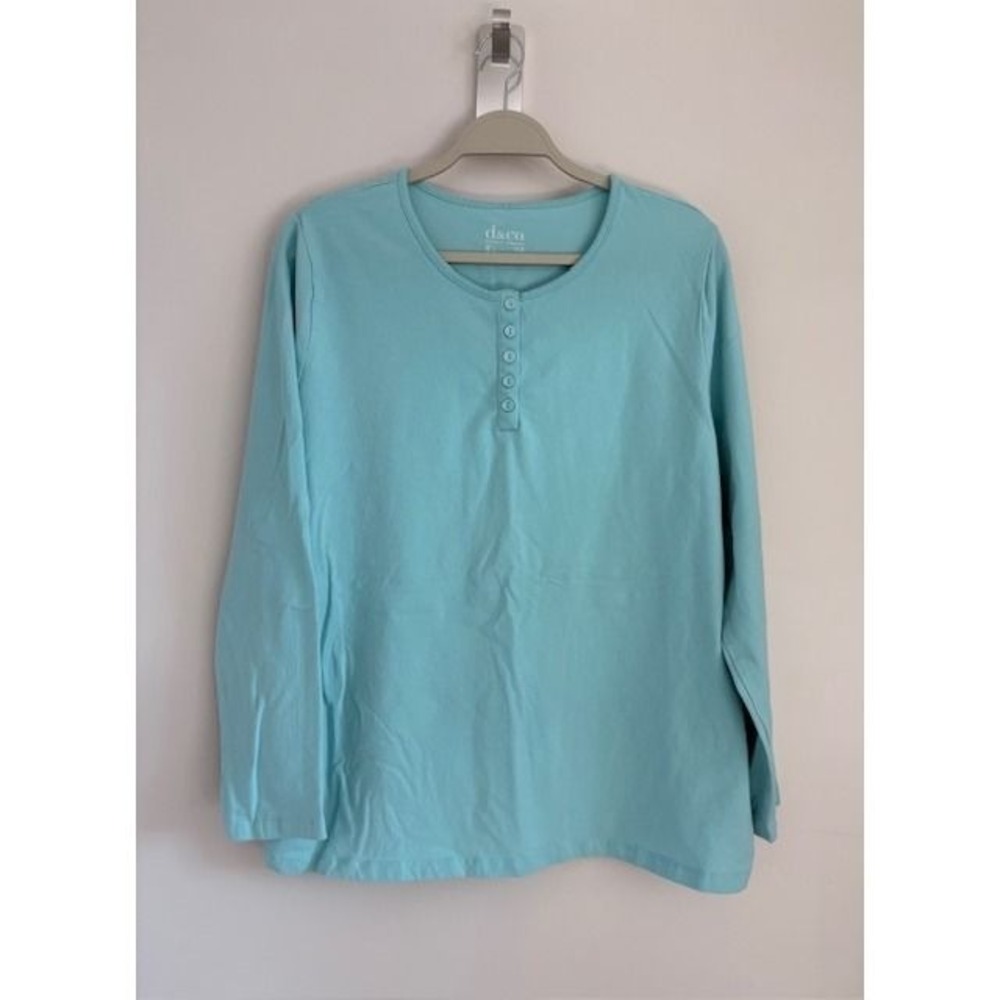 Denim & Co Womens Large Aqua Blue Henley Long Sleeve Cotton Blend Top‎